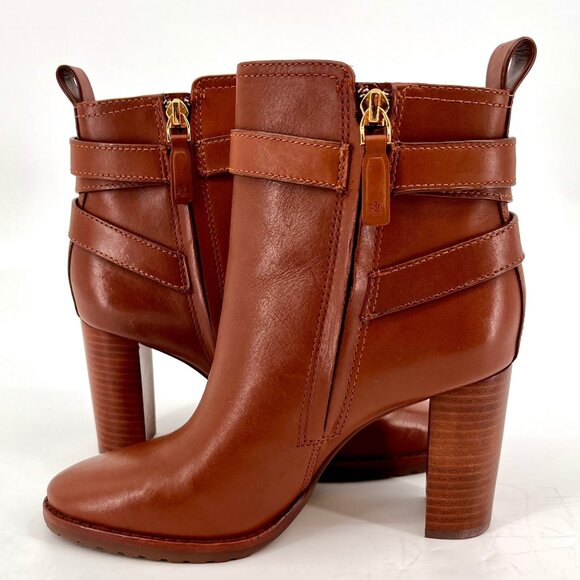 Lauren Ralph Lauren Madisyn Bootie Size 7B Polo Tan Leather Buckled Ankle Strap - Picture 9 of 16